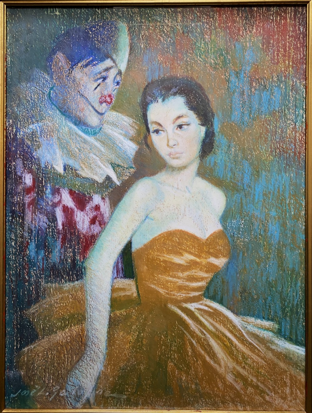 A framed 1950s pastel portrait of a ballerina in an ochre dress with a clown in costume standing behind her against a blue background. View III