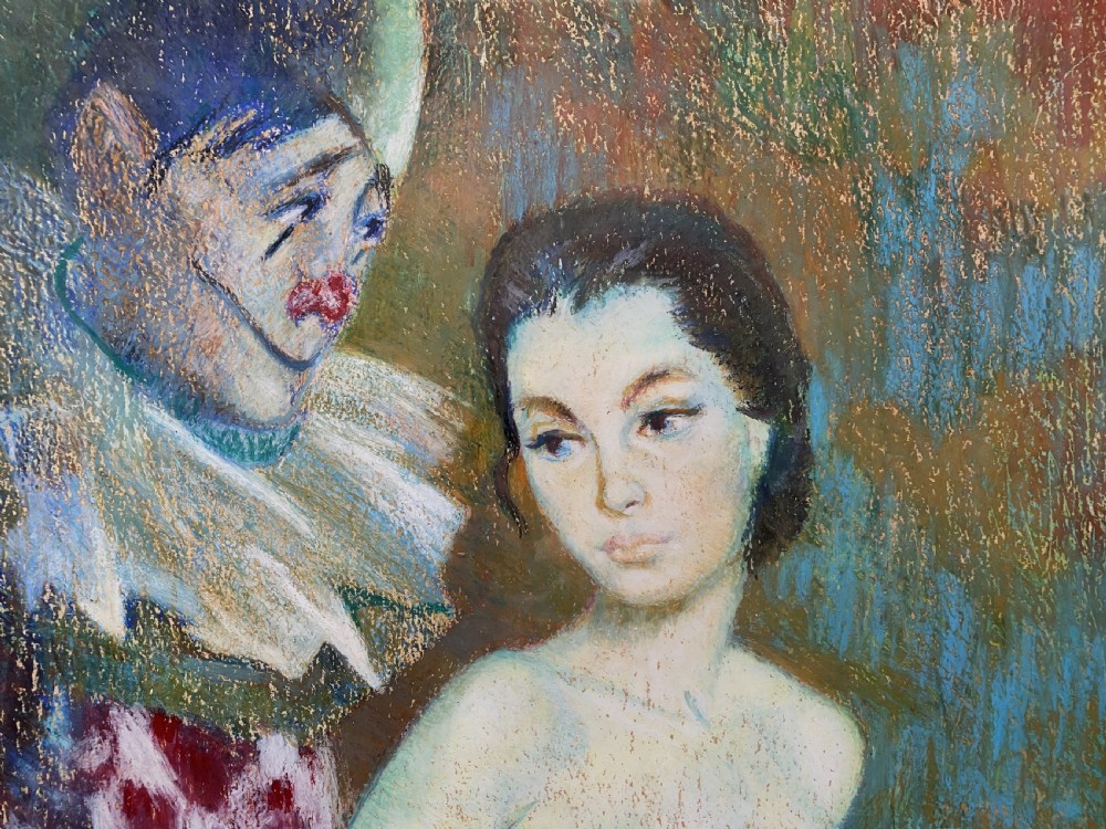 A framed 1950s pastel portrait of a ballerina in an ochre dress with a clown in costume standing behind her against a blue background. View IV