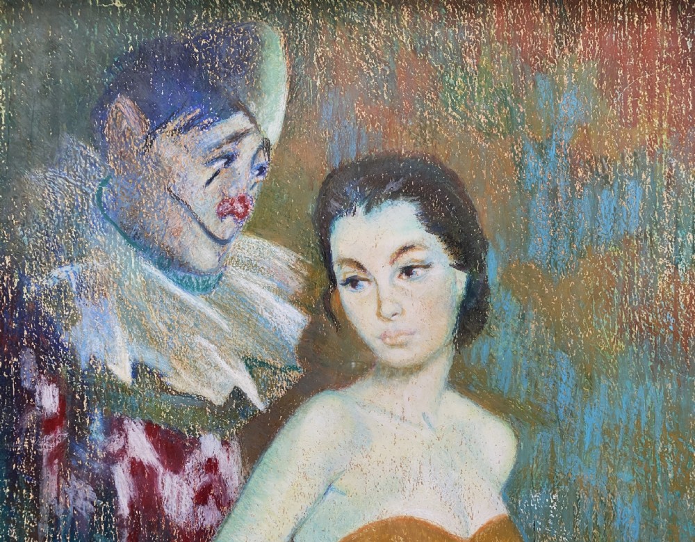 A framed 1950s pastel portrait of a ballerina in an ochre dress with a clown in costume standing behind her against a blue background. View V