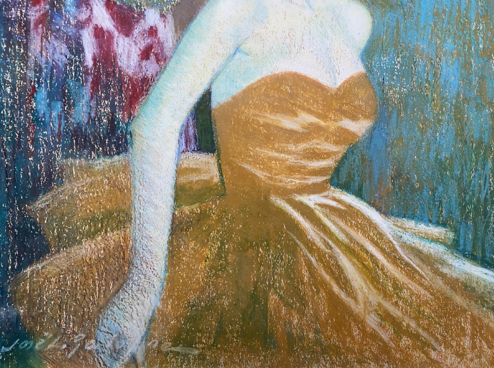 A framed 1950s pastel portrait of a ballerina in an ochre dress with a clown in costume standing behind her against a blue background. View VI