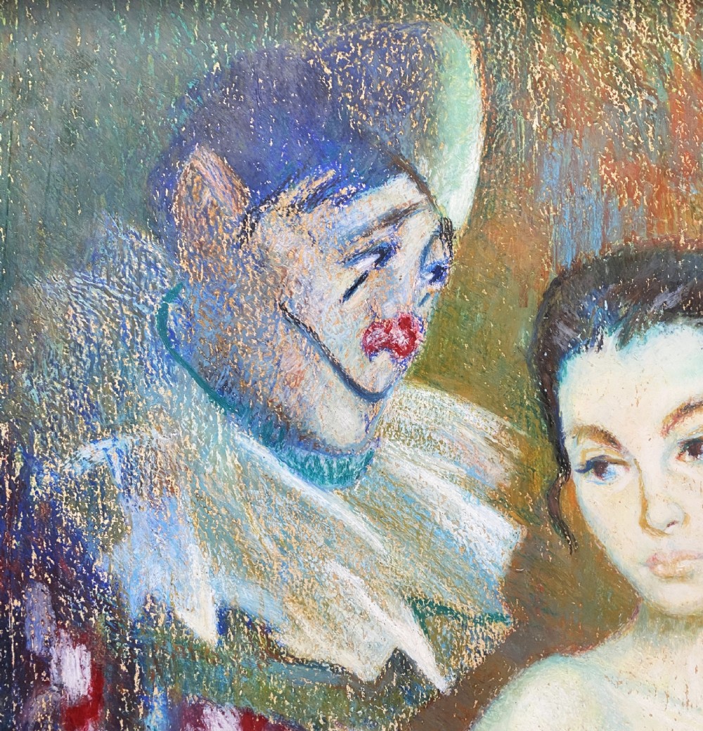 A framed 1950s pastel portrait of a ballerina in an ochre dress with a clown in costume standing behind her against a blue background. View VIII