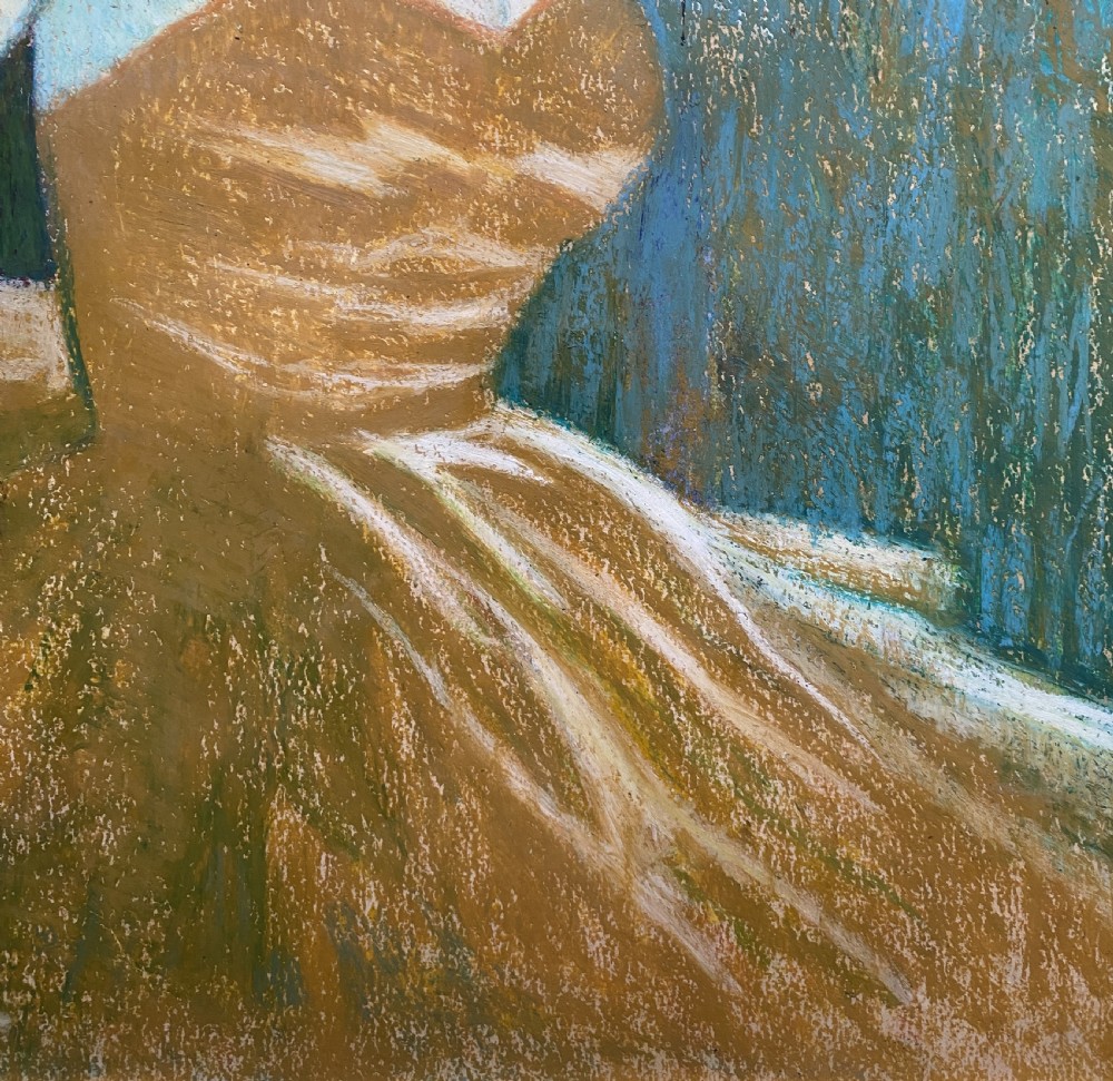 A framed 1950s pastel portrait of a ballerina in an ochre dress with a clown in costume standing behind her against a blue background. View IX