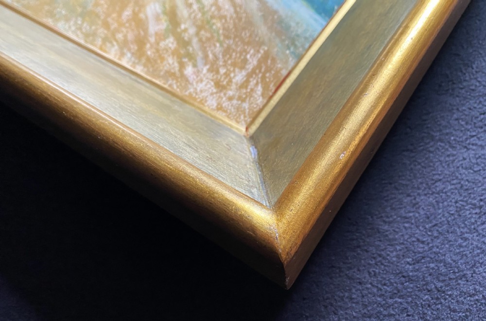 A framed 1950s pastel portrait of a ballerina in an ochre dress with a clown in costume standing behind her against a blue background. View XI