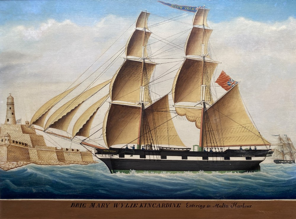 An early 19th-century marine oil painting depicting a two-masted brig ship sailing into Malta harbour, set within a black and gilt wooden frame. View II