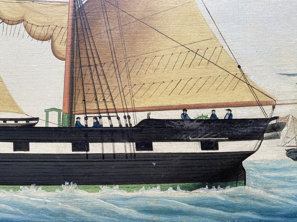 An early 19th-century marine oil painting depicting a two-masted brig ship sailing into Malta harbour, set within a black and gilt wooden frame. View XII