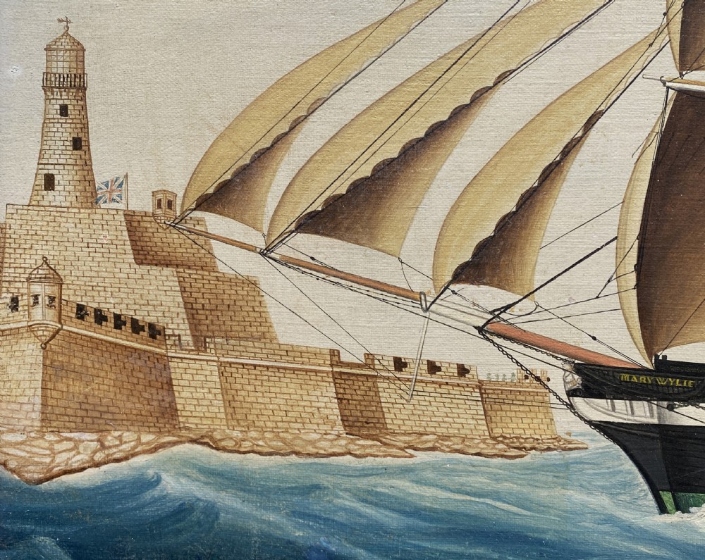 An early 19th-century marine oil painting depicting a two-masted brig ship sailing into Malta harbour, set within a black and gilt wooden frame. View XIII
