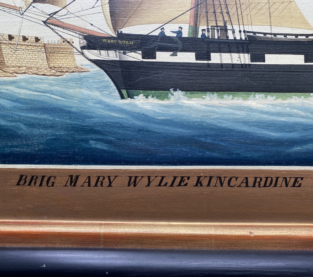 An early 19th-century marine oil painting depicting a two-masted brig ship sailing into Malta harbour, set within a black and gilt wooden frame. View XVI