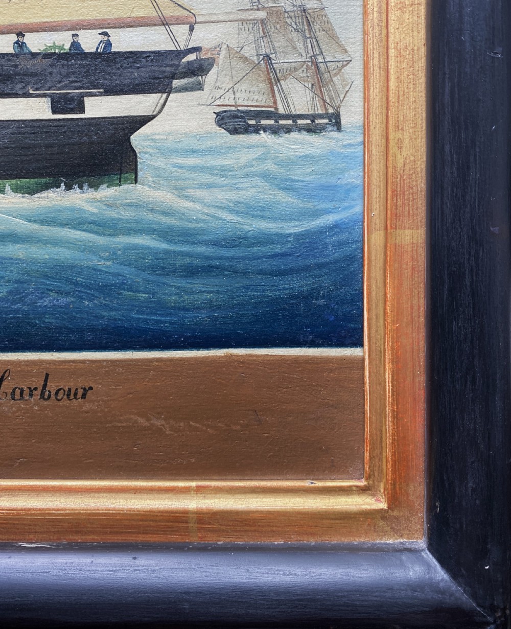 An early 19th-century marine oil painting depicting a two-masted brig ship sailing into Malta harbour, set within a black and gilt wooden frame. View XVIII