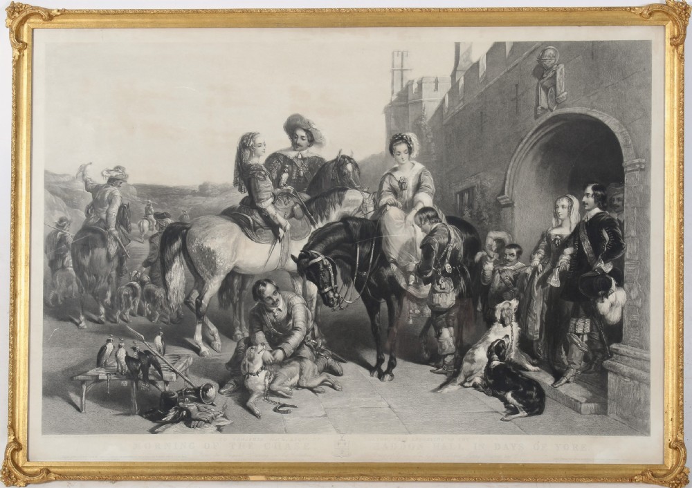 A nineteenth-century monochrome engraving depicting aristocrats on horseback with falcons and hounds outside a stone portal, housed within a gilded frame.