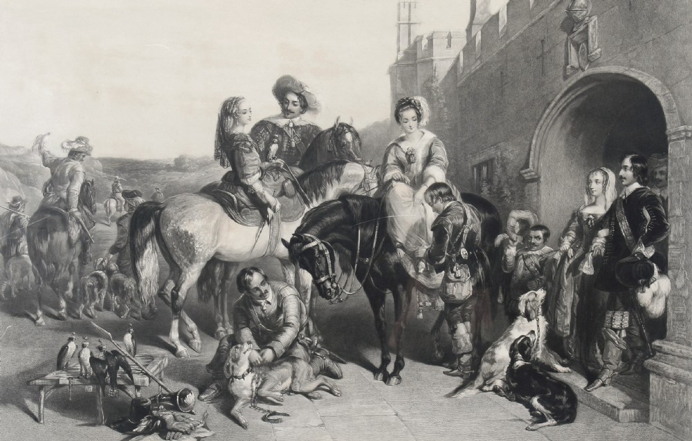 A nineteenth-century monochrome engraving depicting aristocrats on horseback with falcons and hounds outside a stone portal, housed within a gilded frame. View III