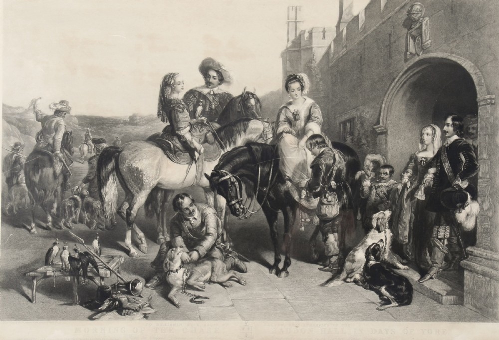 A nineteenth-century monochrome engraving depicting aristocrats on horseback with falcons and hounds outside a stone portal, housed within a gilded frame. View IV