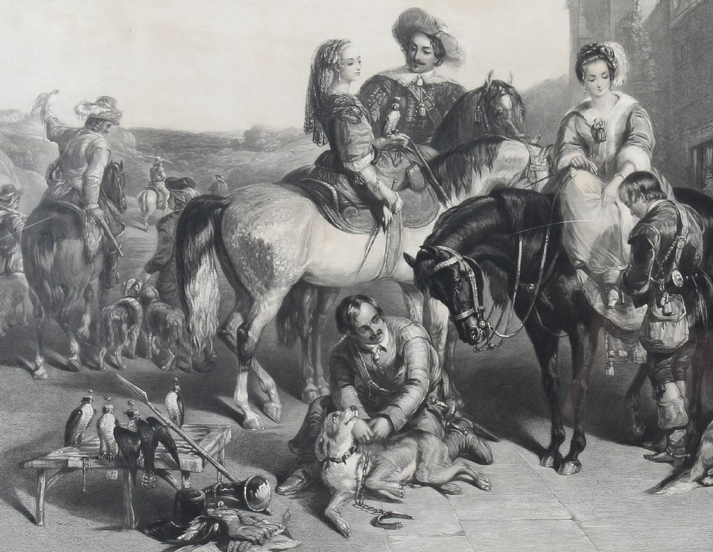 A nineteenth-century monochrome engraving depicting aristocrats on horseback with falcons and hounds outside a stone portal, housed within a gilded frame. View V