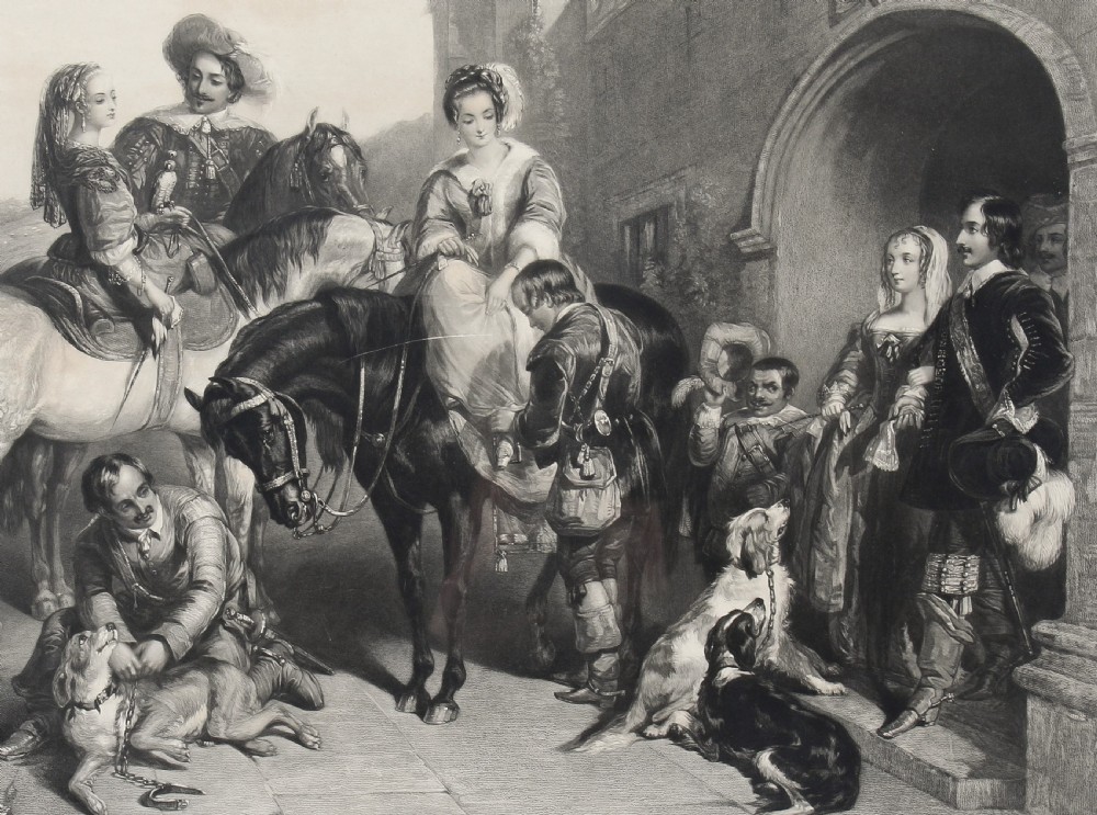 A nineteenth-century monochrome engraving depicting aristocrats on horseback with falcons and hounds outside a stone portal, housed within a gilded frame. View VI