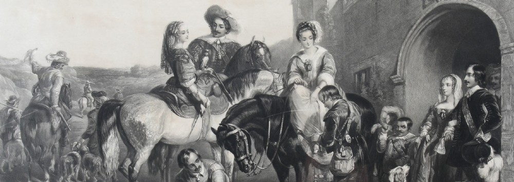 A nineteenth-century monochrome engraving depicting aristocrats on horseback with falcons and hounds outside a stone portal, housed within a gilded frame. View VII