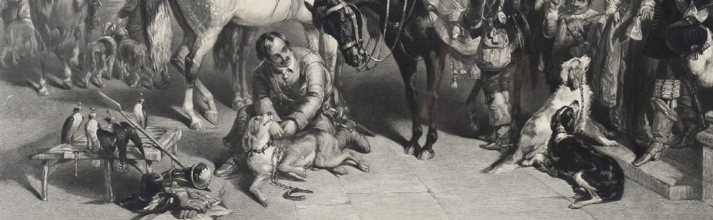 A nineteenth-century monochrome engraving depicting aristocrats on horseback with falcons and hounds outside a stone portal, housed within a gilded frame. View VIII