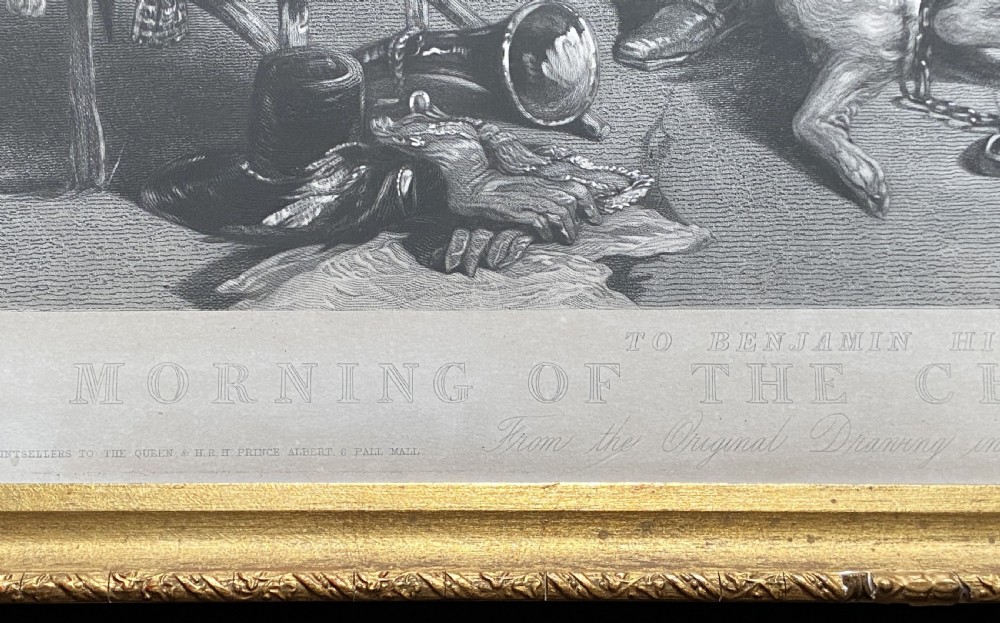 A nineteenth-century monochrome engraving depicting aristocrats on horseback with falcons and hounds outside a stone portal, housed within a gilded frame. View X