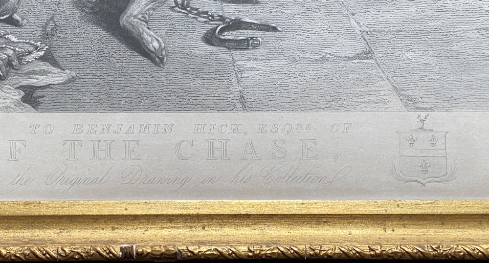 A nineteenth-century monochrome engraving depicting aristocrats on horseback with falcons and hounds outside a stone portal, housed within a gilded frame. View XI