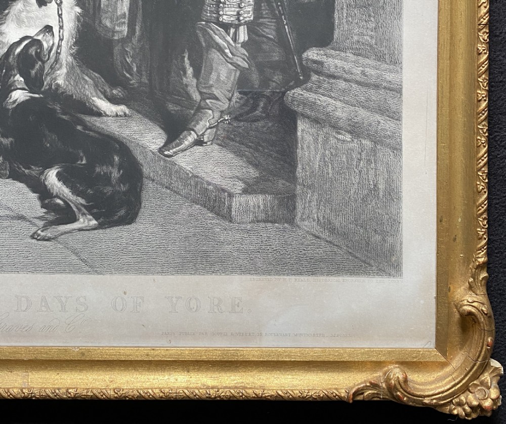 A nineteenth-century monochrome engraving depicting aristocrats on horseback with falcons and hounds outside a stone portal, housed within a gilded frame. View XIV