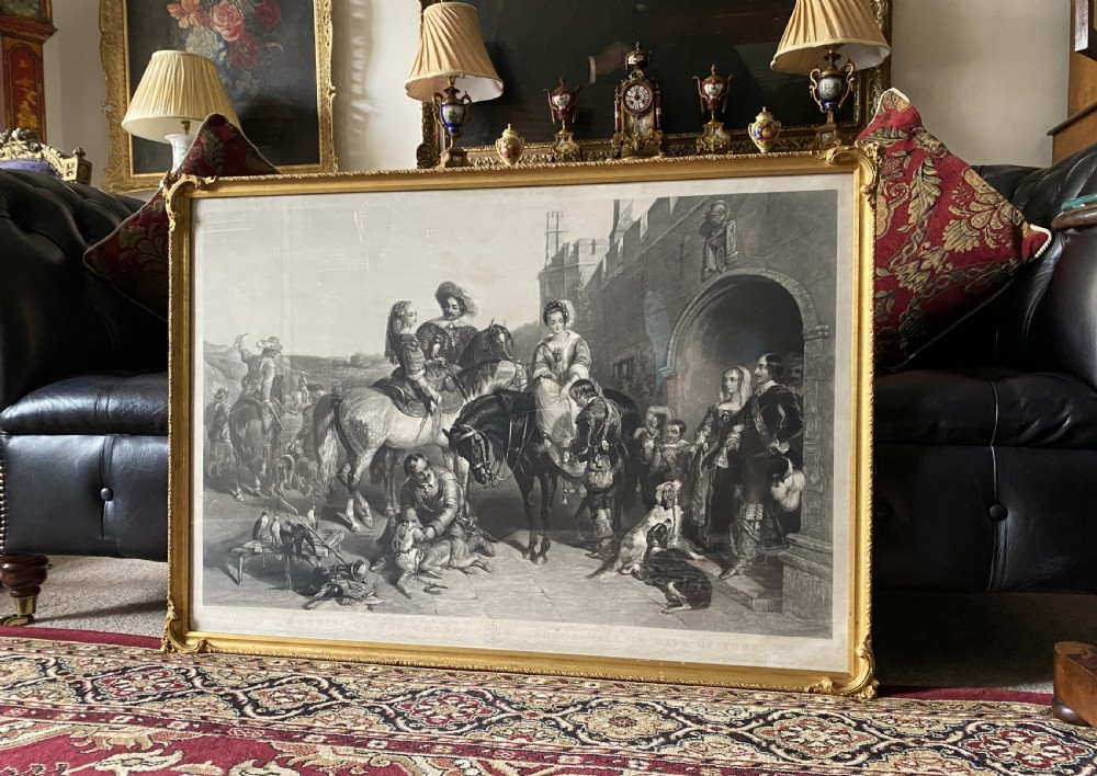 A nineteenth-century monochrome engraving depicting aristocrats on horseback with falcons and hounds outside a stone portal, housed within a gilded frame. View XV