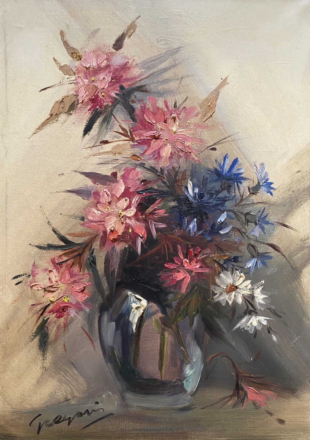 A mid-century oil painting on canvas depicting pink and blue flowers in a glass vase, displayed inside an ornate gold gilded frame. View II
