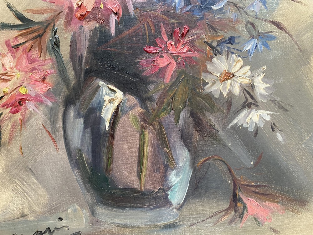 A mid-century oil painting on canvas depicting pink and blue flowers in a glass vase, displayed inside an ornate gold gilded frame. View VII