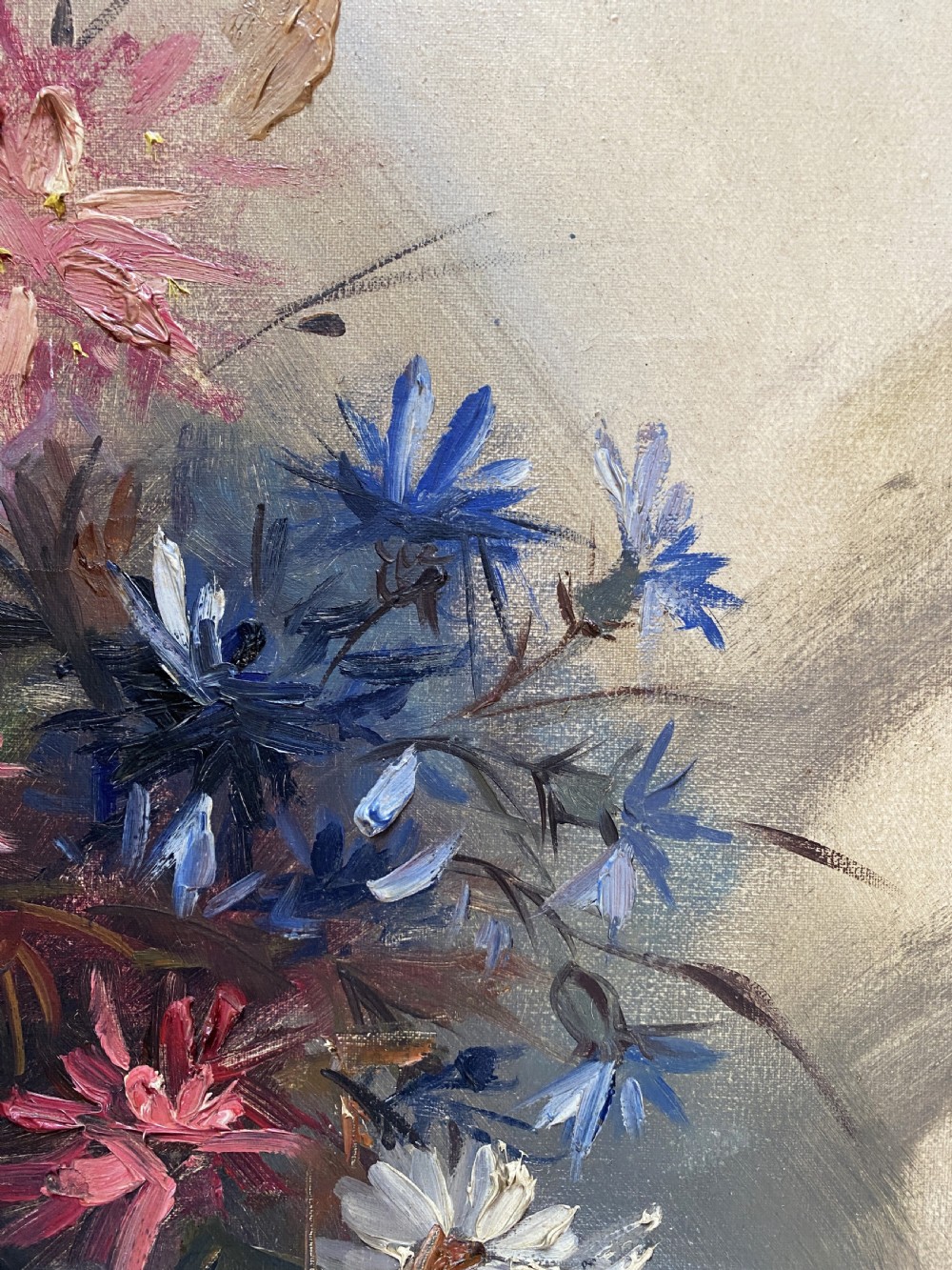 A mid-century oil painting on canvas depicting pink and blue flowers in a glass vase, displayed inside an ornate gold gilded frame. View VIII