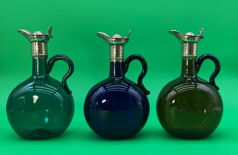 3 Bristol Blue Glass HAND-BLOWN GREEN BLUE BROWN DECANTER BOTTLE 19thc VICTORIAN