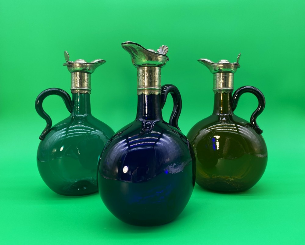 3 Bristol Blue Glass HAND-BLOWN GREEN BLUE BROWN DECANTER BOTTLE 19thc VICTORIAN View II