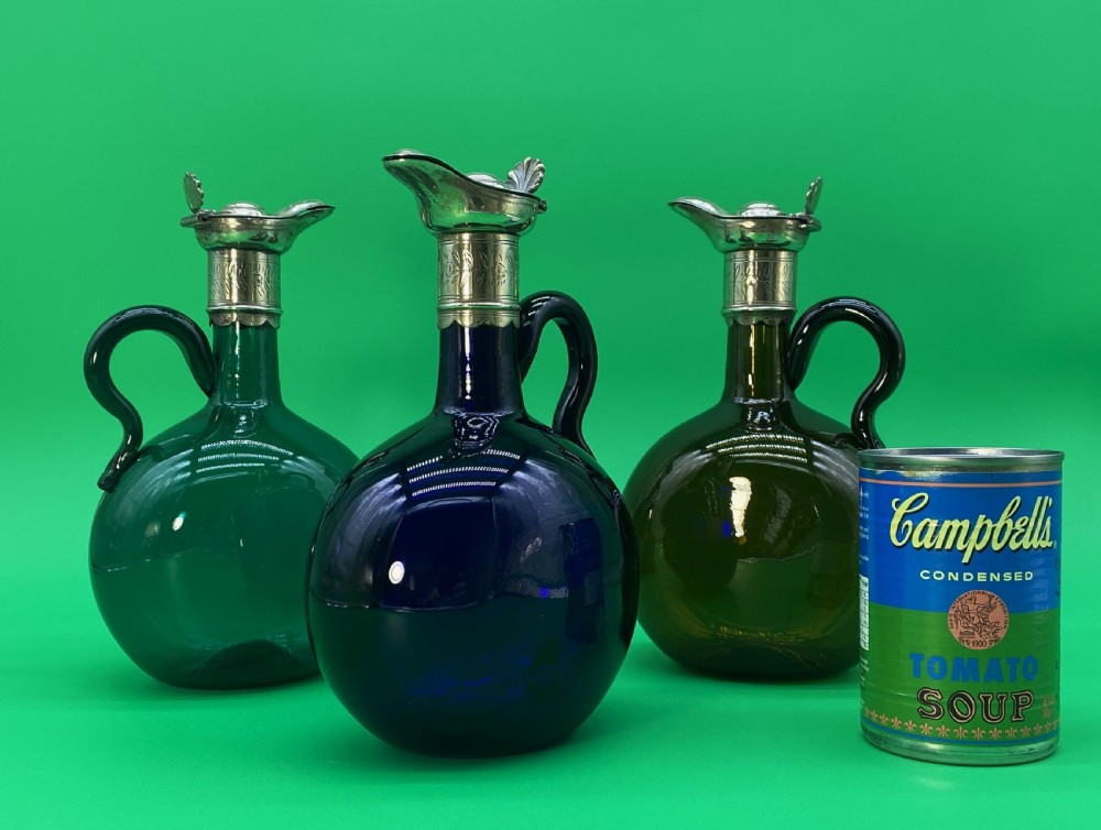 3 Bristol Blue Glass HAND-BLOWN GREEN BLUE BROWN DECANTER BOTTLE 19thc VICTORIAN View III