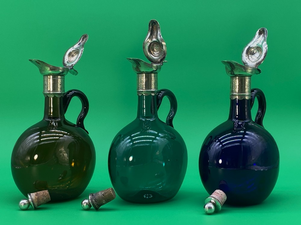 3 Bristol Blue Glass HAND-BLOWN GREEN BLUE BROWN DECANTER BOTTLE 19thc VICTORIAN View VIII