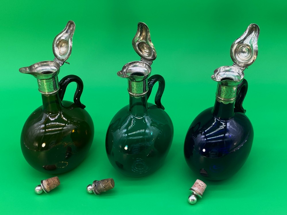 3 Bristol Blue Glass HAND-BLOWN GREEN BLUE BROWN DECANTER BOTTLE 19thc VICTORIAN View IX