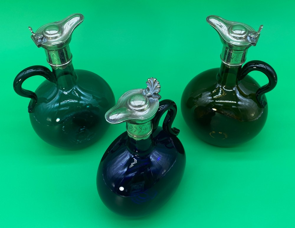 3 Bristol Blue Glass HAND-BLOWN GREEN BLUE BROWN DECANTER BOTTLE 19thc VICTORIAN View X