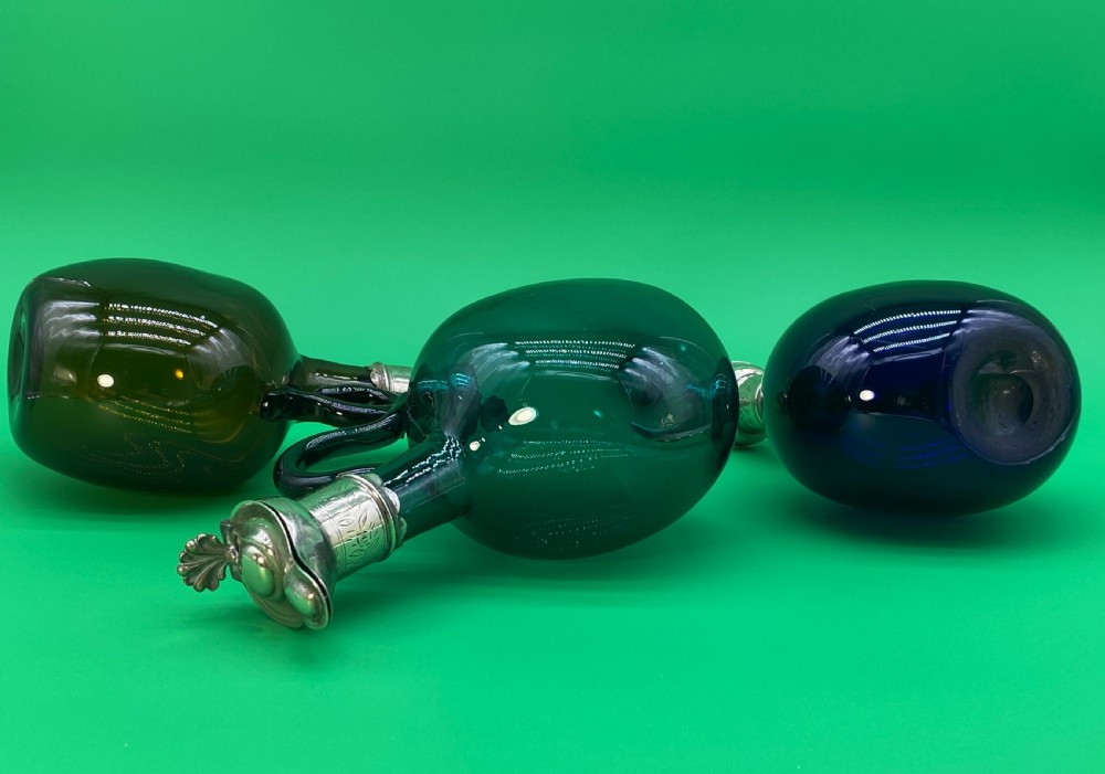 3 Bristol Blue Glass HAND-BLOWN GREEN BLUE BROWN DECANTER BOTTLE 19thc VICTORIAN View XIV