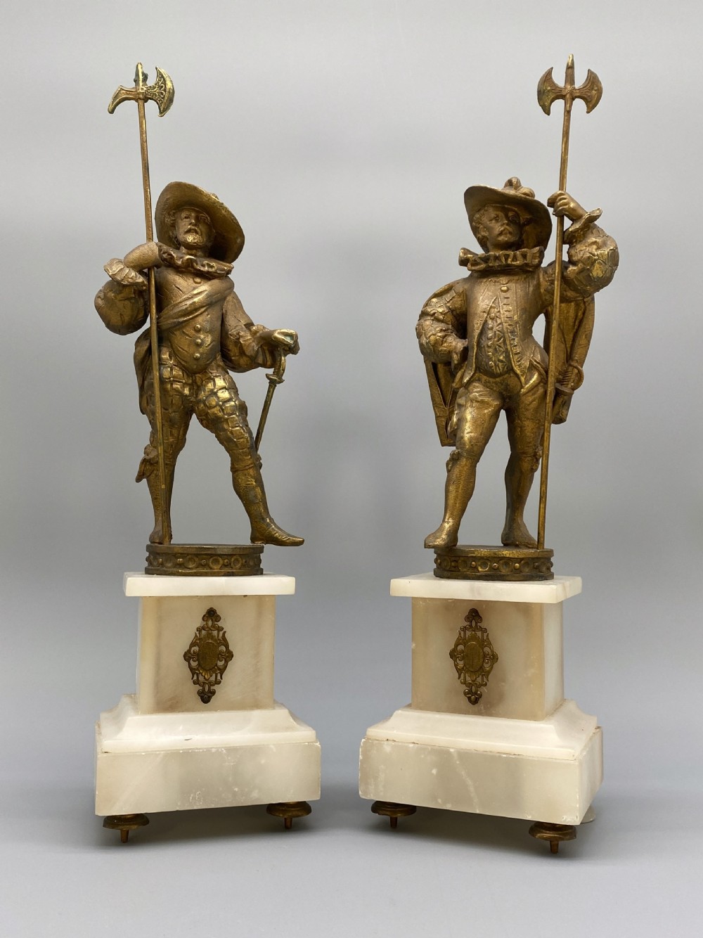 c. 1890 IMPRESSIVE PAIR RENAISSANCE STYLE GILT METAL HALBERDIER SOLDIER FIGURINE