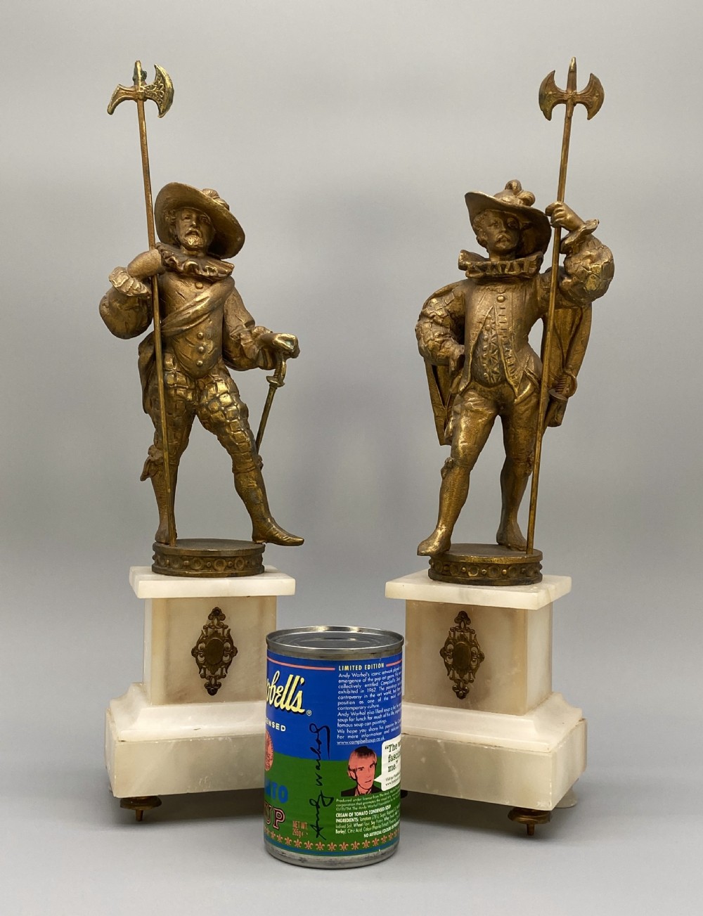 c. 1890 IMPRESSIVE PAIR RENAISSANCE STYLE GILT METAL HALBERDIER SOLDIER FIGURINE View II