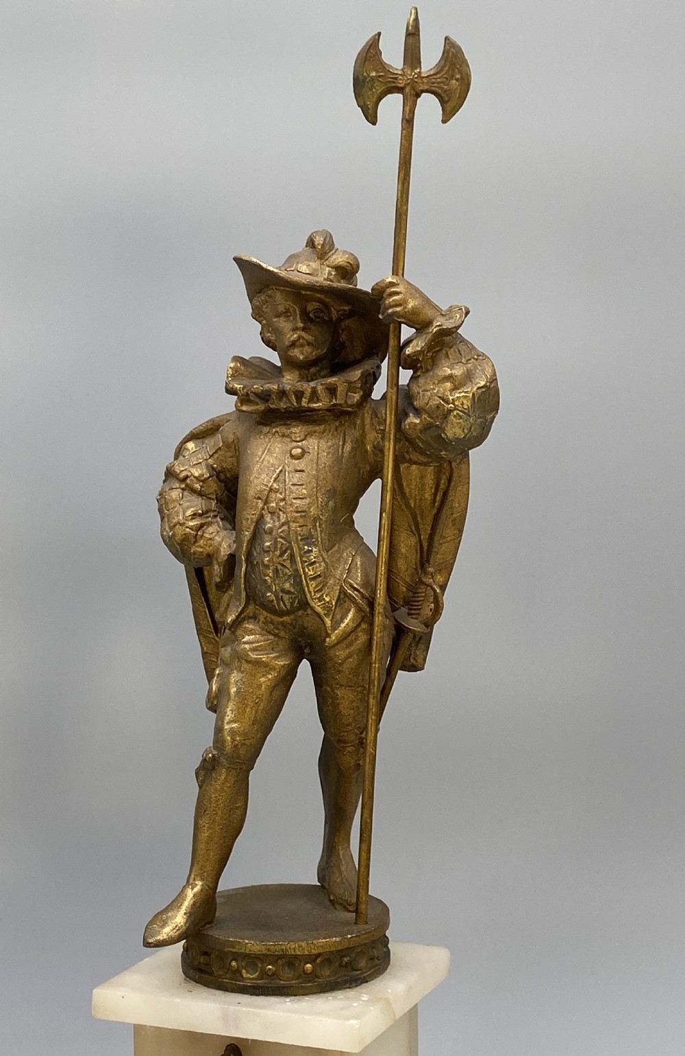 c. 1890 IMPRESSIVE PAIR RENAISSANCE STYLE GILT METAL HALBERDIER SOLDIER FIGURINE View V