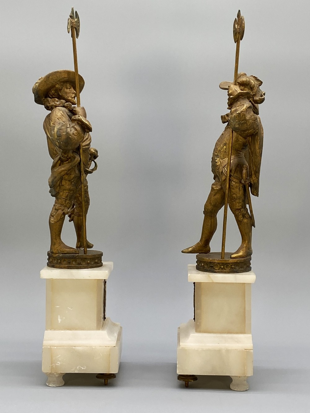 c. 1890 IMPRESSIVE PAIR RENAISSANCE STYLE GILT METAL HALBERDIER SOLDIER FIGURINE View VI