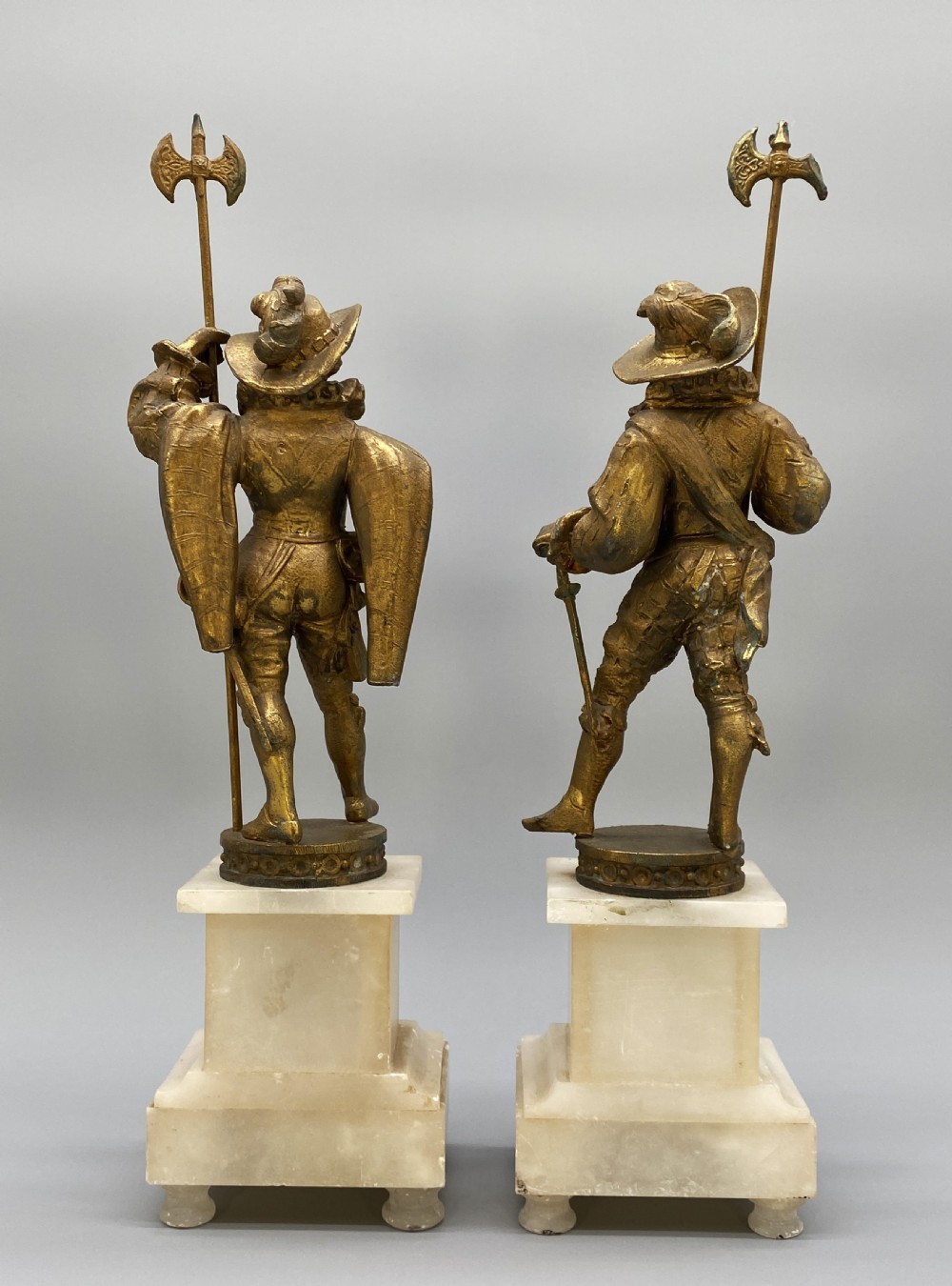 c. 1890 IMPRESSIVE PAIR RENAISSANCE STYLE GILT METAL HALBERDIER SOLDIER FIGURINE View VII
