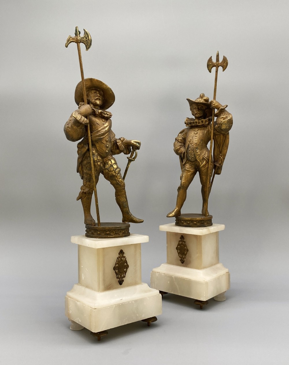 c. 1890 IMPRESSIVE PAIR RENAISSANCE STYLE GILT METAL HALBERDIER SOLDIER FIGURINE View VIII