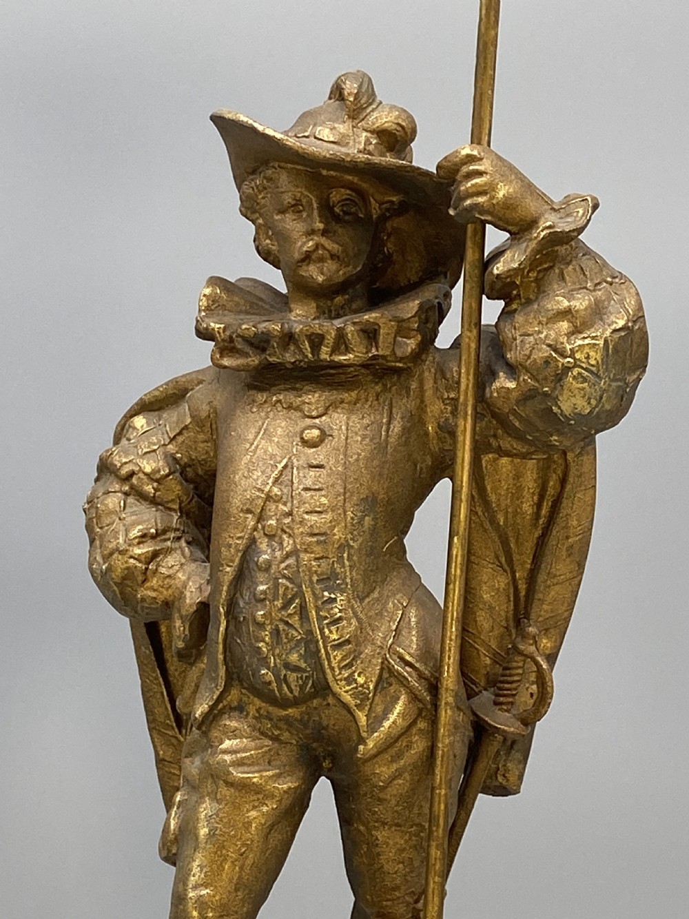 c. 1890 IMPRESSIVE PAIR RENAISSANCE STYLE GILT METAL HALBERDIER SOLDIER FIGURINE View IX