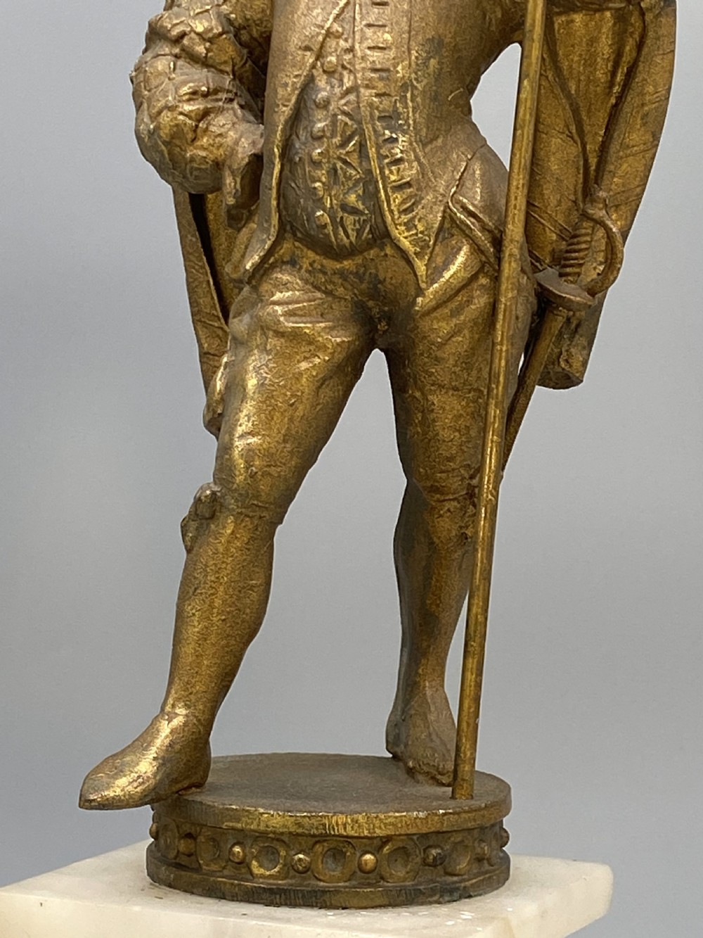 c. 1890 IMPRESSIVE PAIR RENAISSANCE STYLE GILT METAL HALBERDIER SOLDIER FIGURINE View X