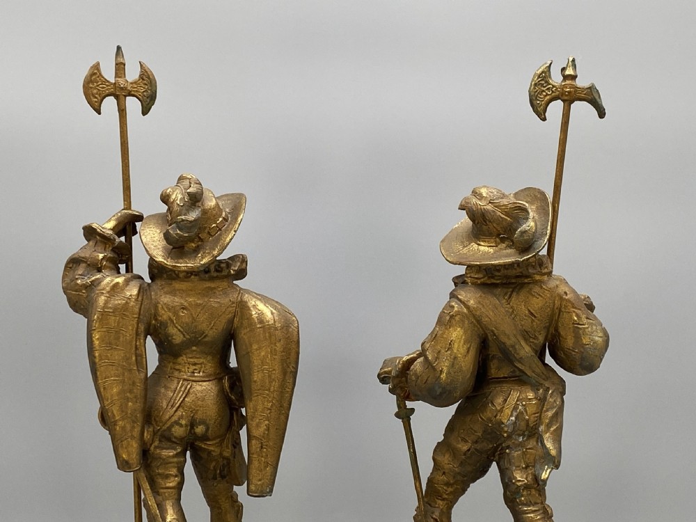 c. 1890 IMPRESSIVE PAIR RENAISSANCE STYLE GILT METAL HALBERDIER SOLDIER FIGURINE View XIV