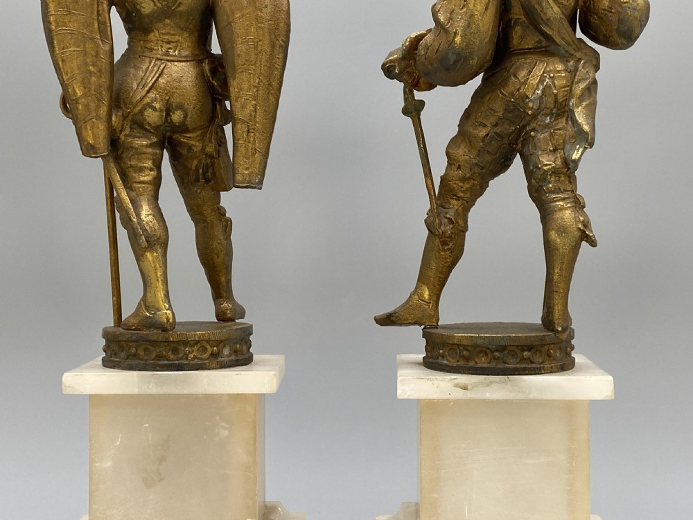 c. 1890 IMPRESSIVE PAIR RENAISSANCE STYLE GILT METAL HALBERDIER SOLDIER FIGURINE View XV