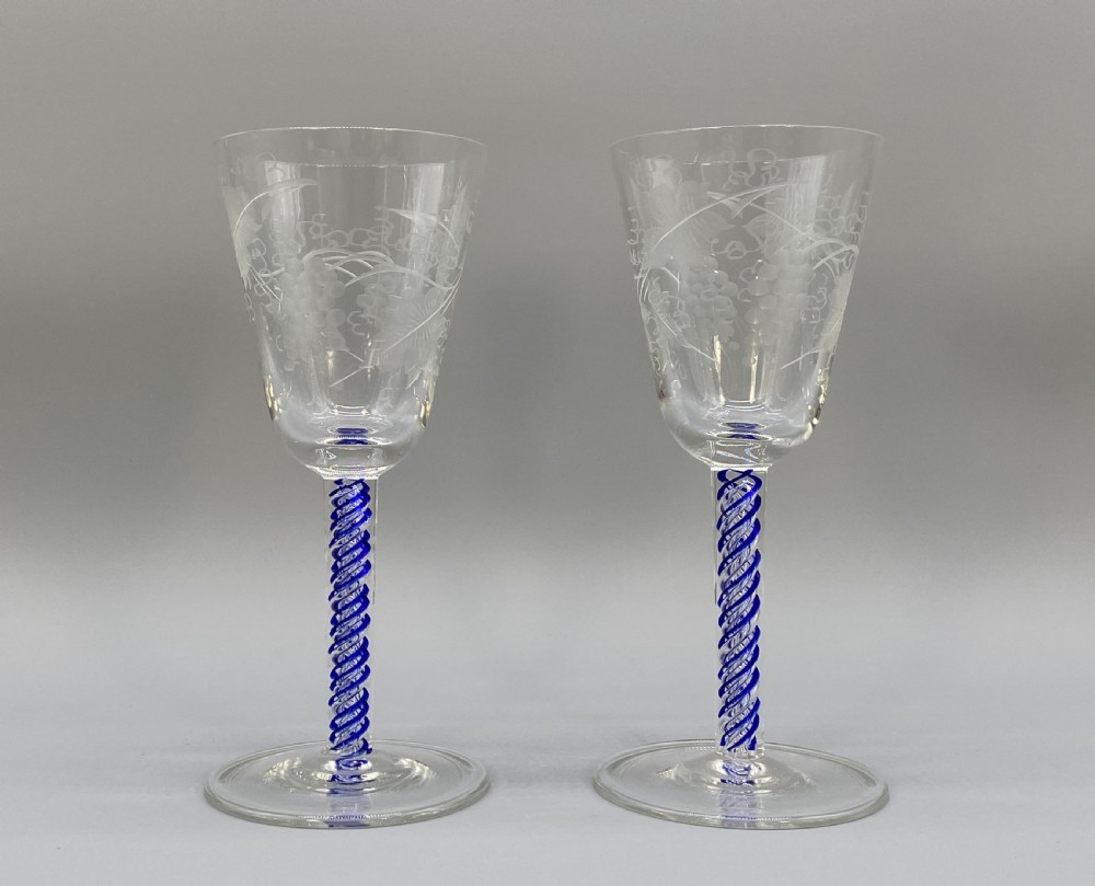 Quality Pair 19th-Century Georgian Style Blue Twist Hand-Blown Wine Glass x 2 View II