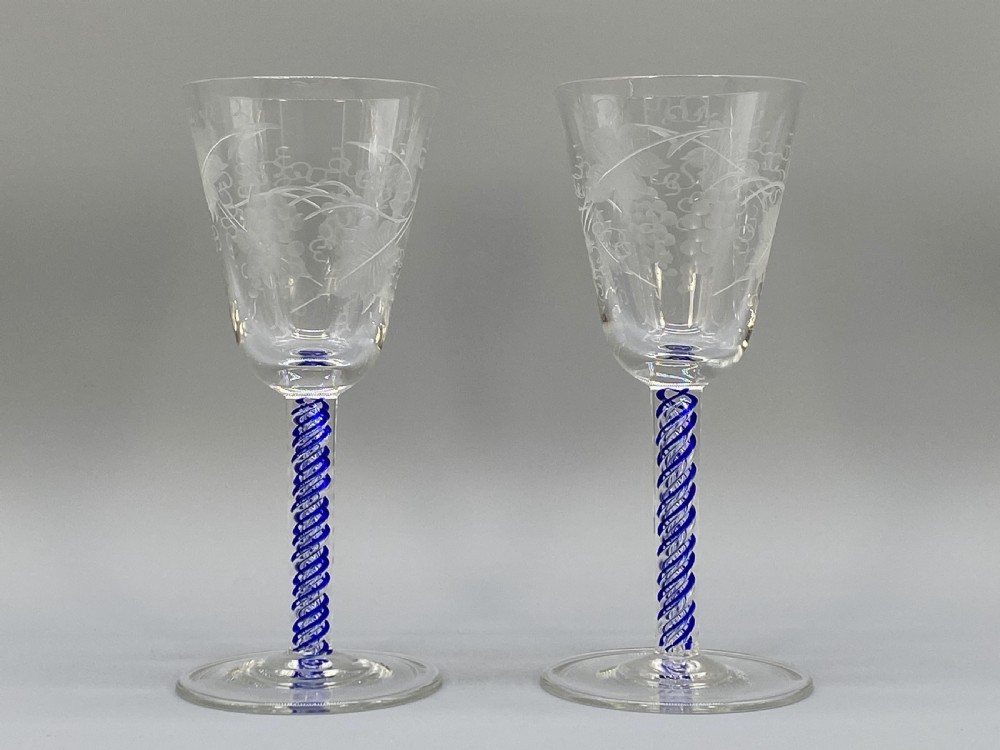 Quality Pair 19th-Century Georgian Style Blue Twist Hand-Blown Wine Glass x 2