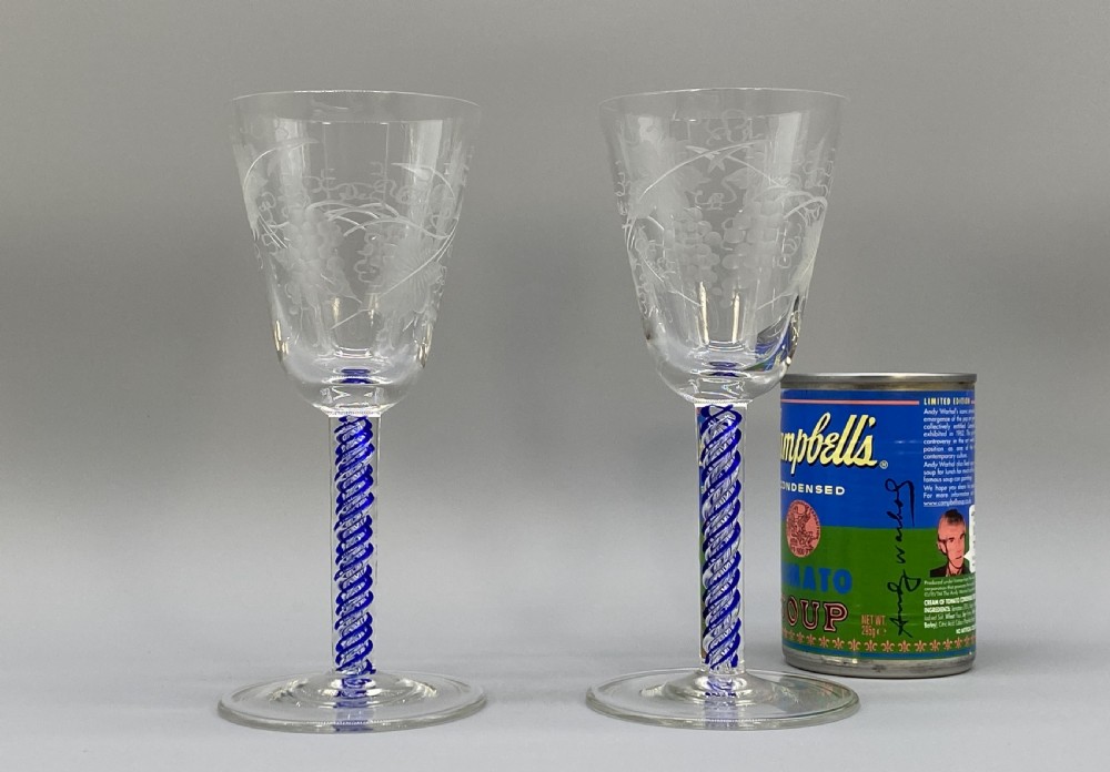 Quality Pair 19th-Century Georgian Style Blue Twist Hand-Blown Wine Glass x 2 View III