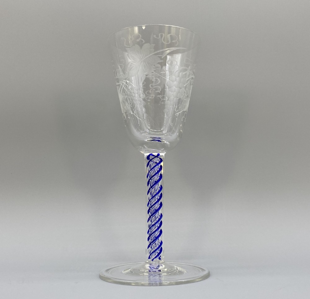 Quality Pair 19th-Century Georgian Style Blue Twist Hand-Blown Wine Glass x 2 View V