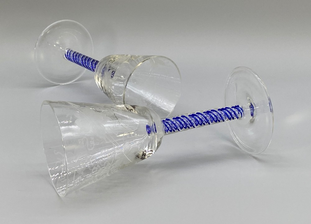 Quality Pair 19th-Century Georgian Style Blue Twist Hand-Blown Wine Glass x 2 View XI