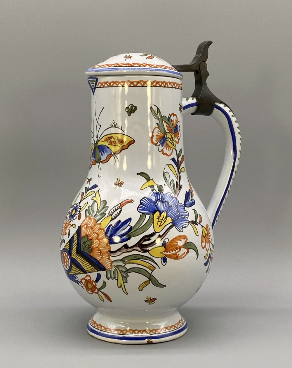 c. 1900 FINE FRENCH ROUEN FAIENCE & PEWTER POLYCHROME PAINTED EWER PITCHER JUG
