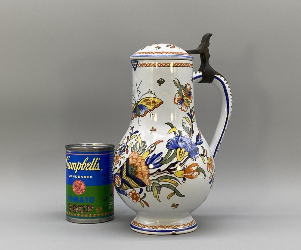 c. 1900 FINE FRENCH ROUEN FAIENCE & PEWTER POLYCHROME PAINTED EWER PITCHER JUG View II